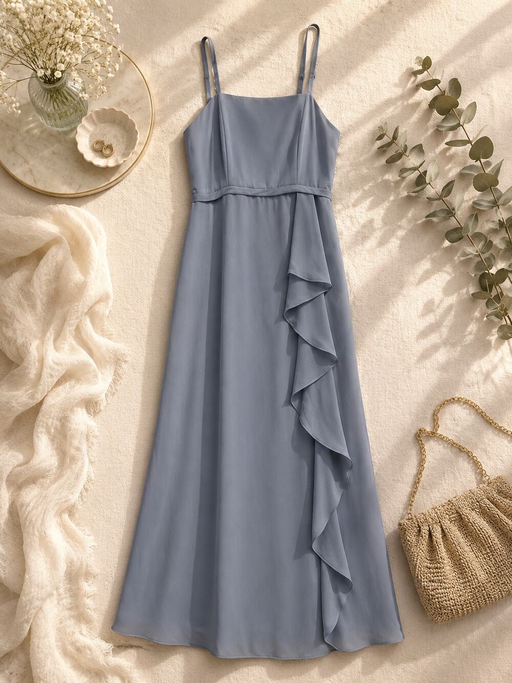 NWT Azazie Kaylee Junior A-Line Side Slit Chiffon Dress Shadow Purple Grey J16